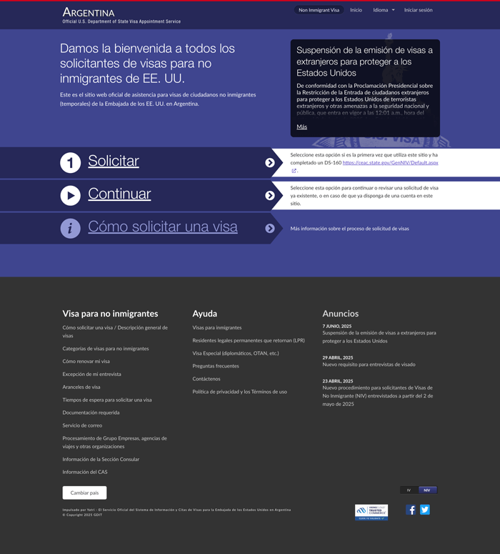 Página oficial del servicio de solicitud de citas para visas de turismo de Estados Unidos en Argentina Página oficial del servicio de solicitud de citas para visas de turismo de Estados Unidos en Argentina